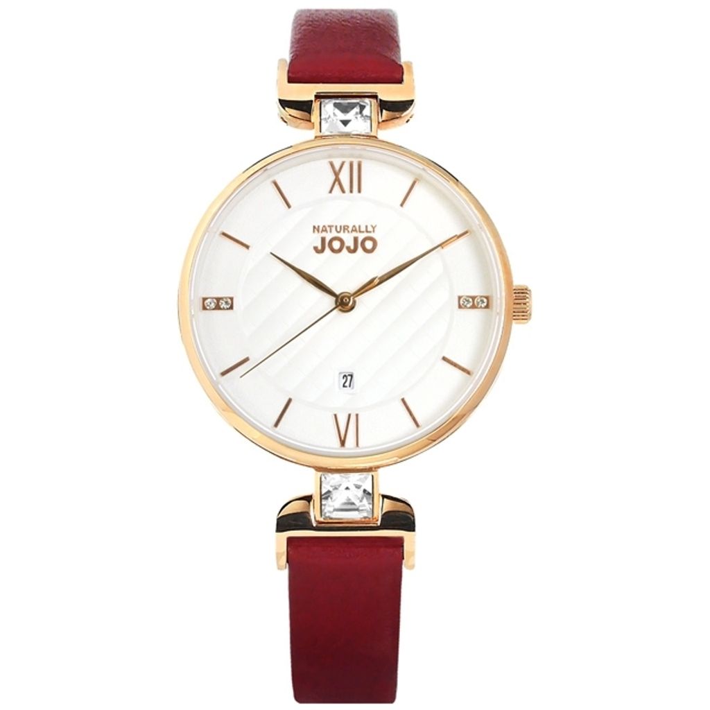 NATURALLY JOJO | JO96972-15R | 白色菱格紋 日期顯示 紅色真皮手錶 玫瑰金框 正面