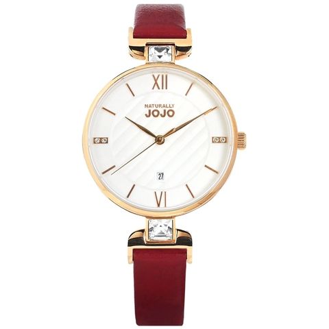 NATURALLY JOJO | JO96972-15R | 白色菱格紋 日期顯示 紅色真皮手錶 玫瑰金框 正面