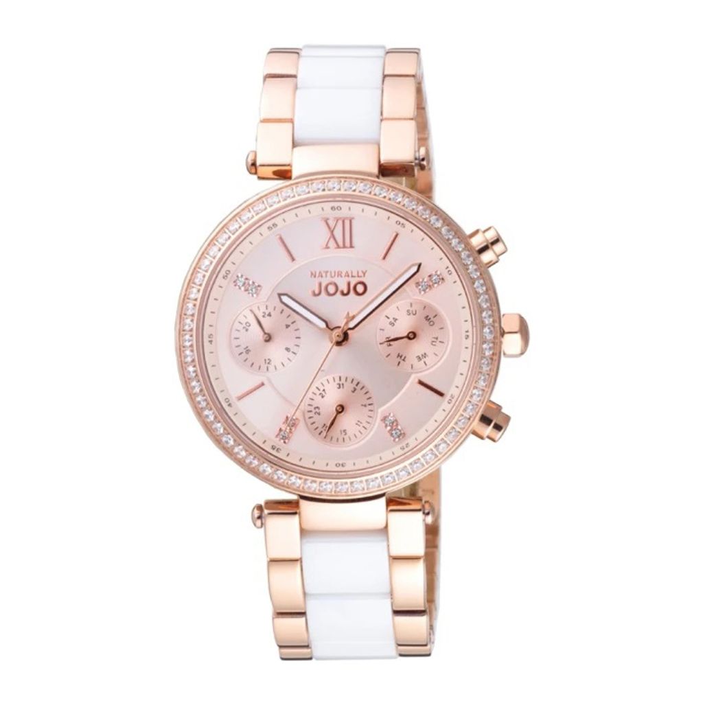 NATURALLY JOJO | JO96973-13R | 香檳金粉面 三眼晶鑽 白色腕錶 正面