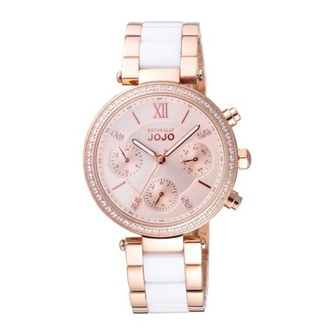NATURALLY JOJO | JO96973-13R | 香檳金粉面 三眼晶鑽 白色腕錶 正面