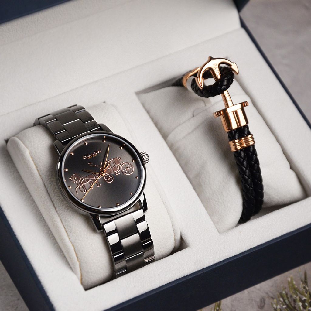 38女神節超值禮盒 | COACH手錶 14502924 + PH手環 PH-L-R | 灰色系經典小馬車不鏽鋼錶帶女錶 禮盒細節