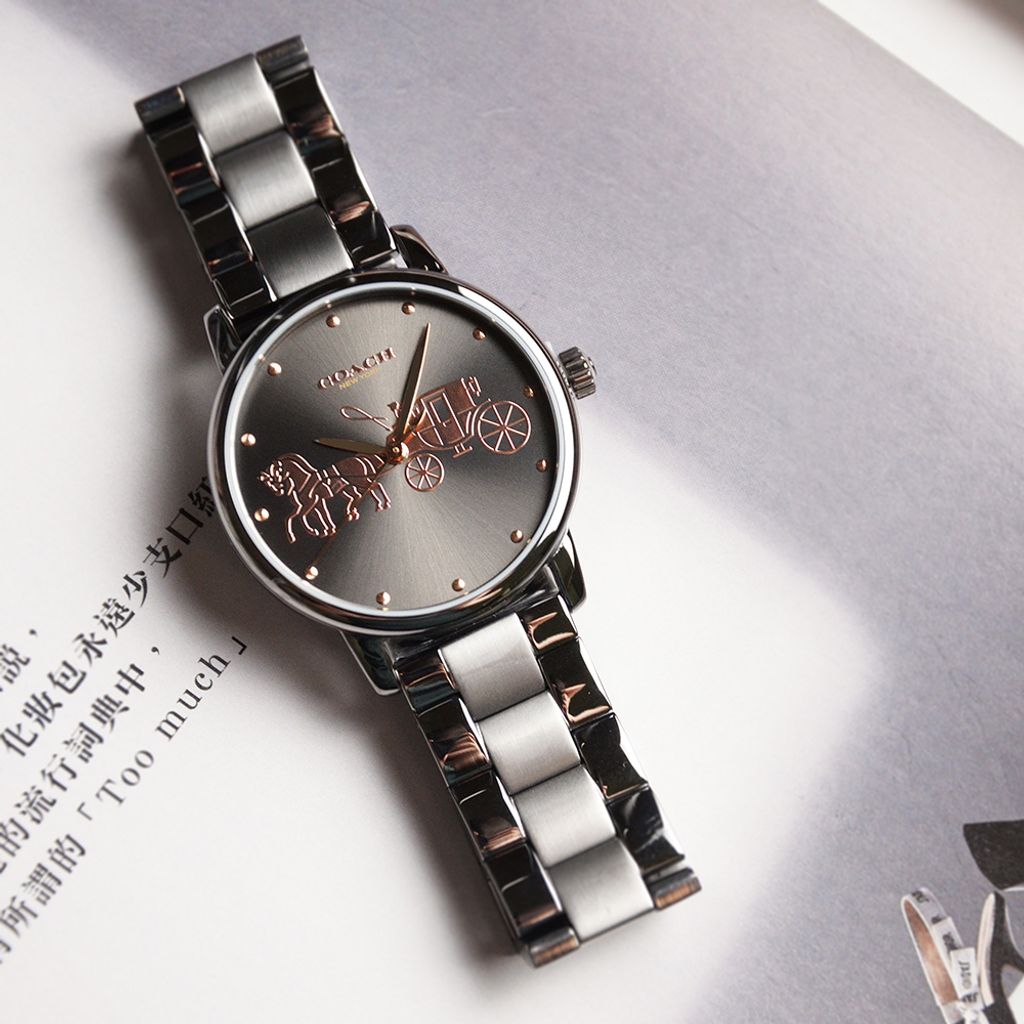 38女神節超值禮盒 | COACH手錶 14502924 + PH手環 PH-L-R | 灰色系經典小馬車不鏽鋼錶帶女錶 實體正面