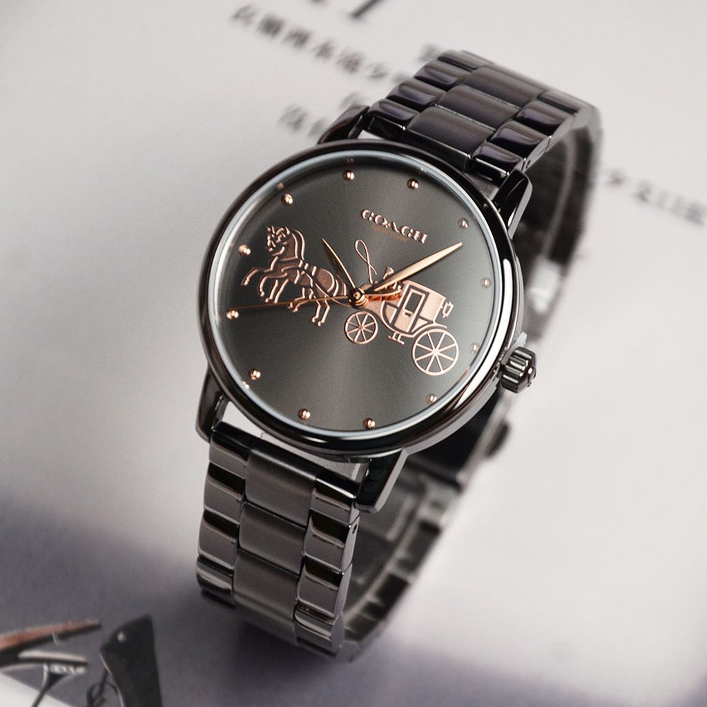 38女神節超值禮盒 | COACH手錶 14502924 + PH手環 PH-L-R | 灰色系經典小馬車不鏽鋼錶帶女錶 實體側面