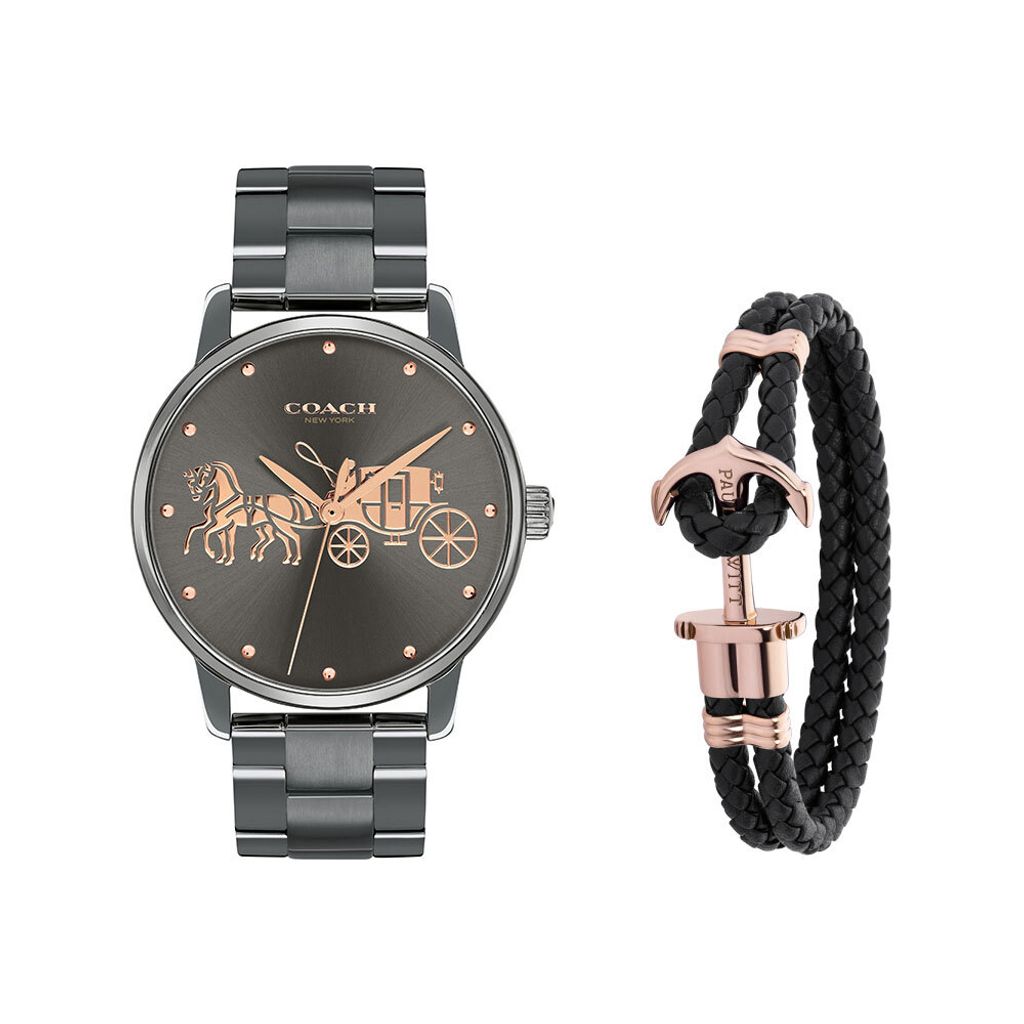 38女神節超值禮盒 | COACH手錶 14502924 + PH手環 PH-L-R | 灰色系經典小馬車不鏽鋼錶帶女錶 手錶手環