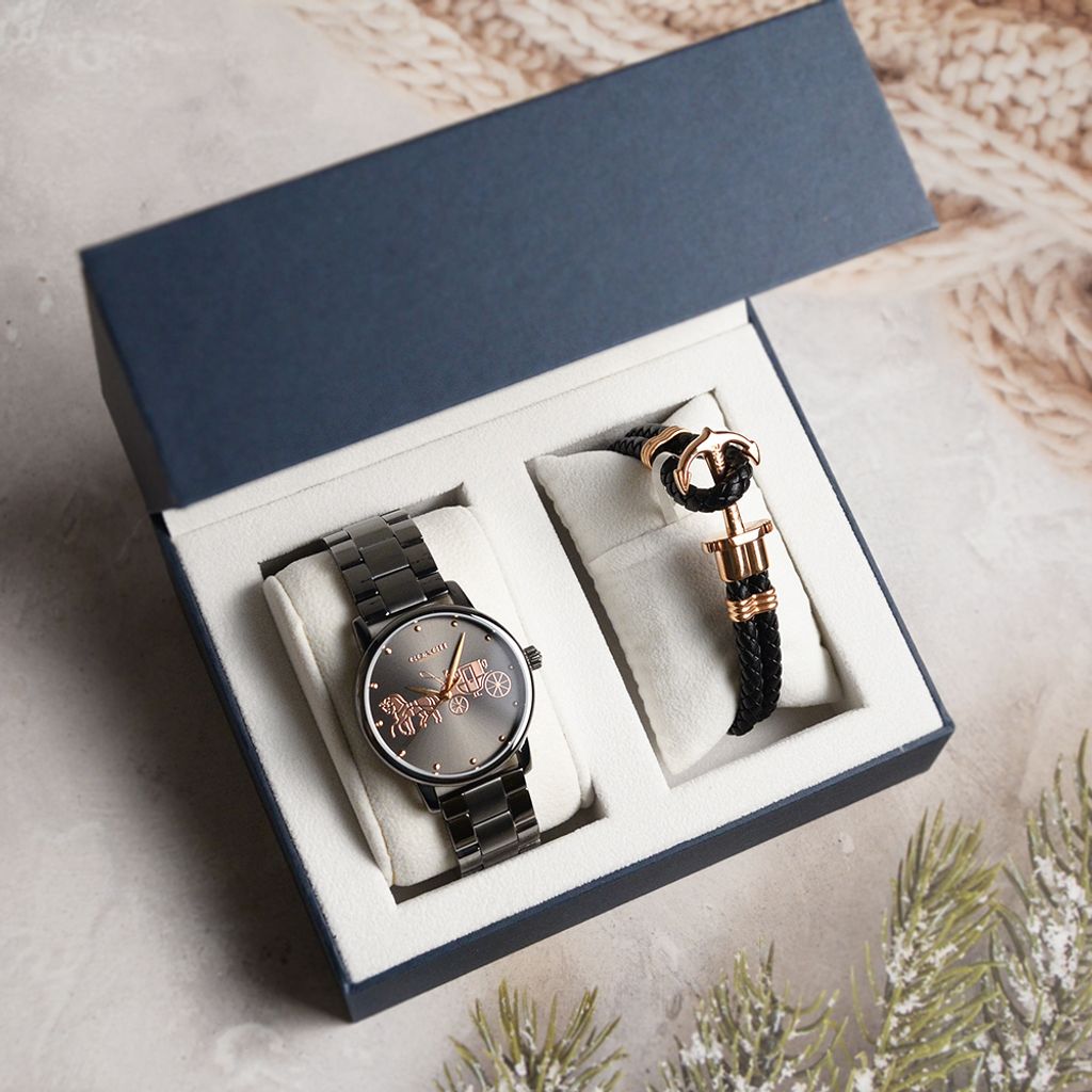 38女神節超值禮盒 | COACH手錶 14502925 + PH手環  PH-L-R | 黑色系經典小馬車不鏽鋼錶帶女錶 禮盒