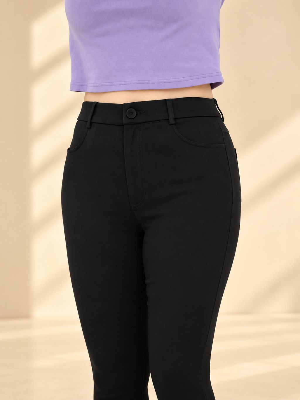 Lavender Crop Top and Black High-Waisted Pants