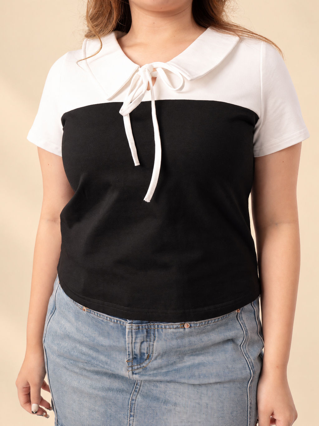 Two-Tone Collared Top and Denim Skirt