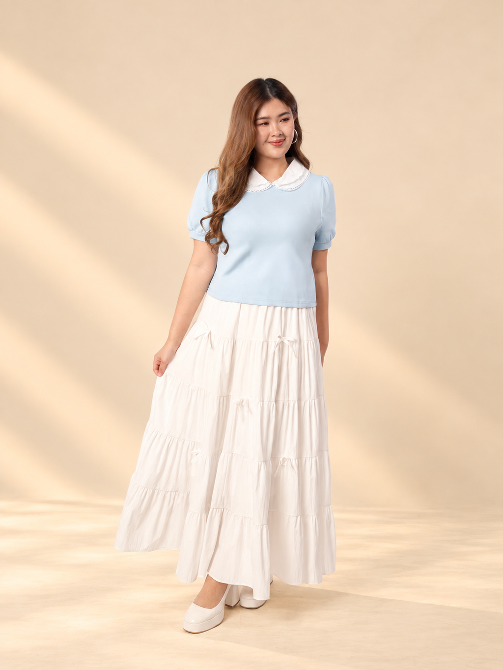Pastel Blue Top and Tiered White Skirt