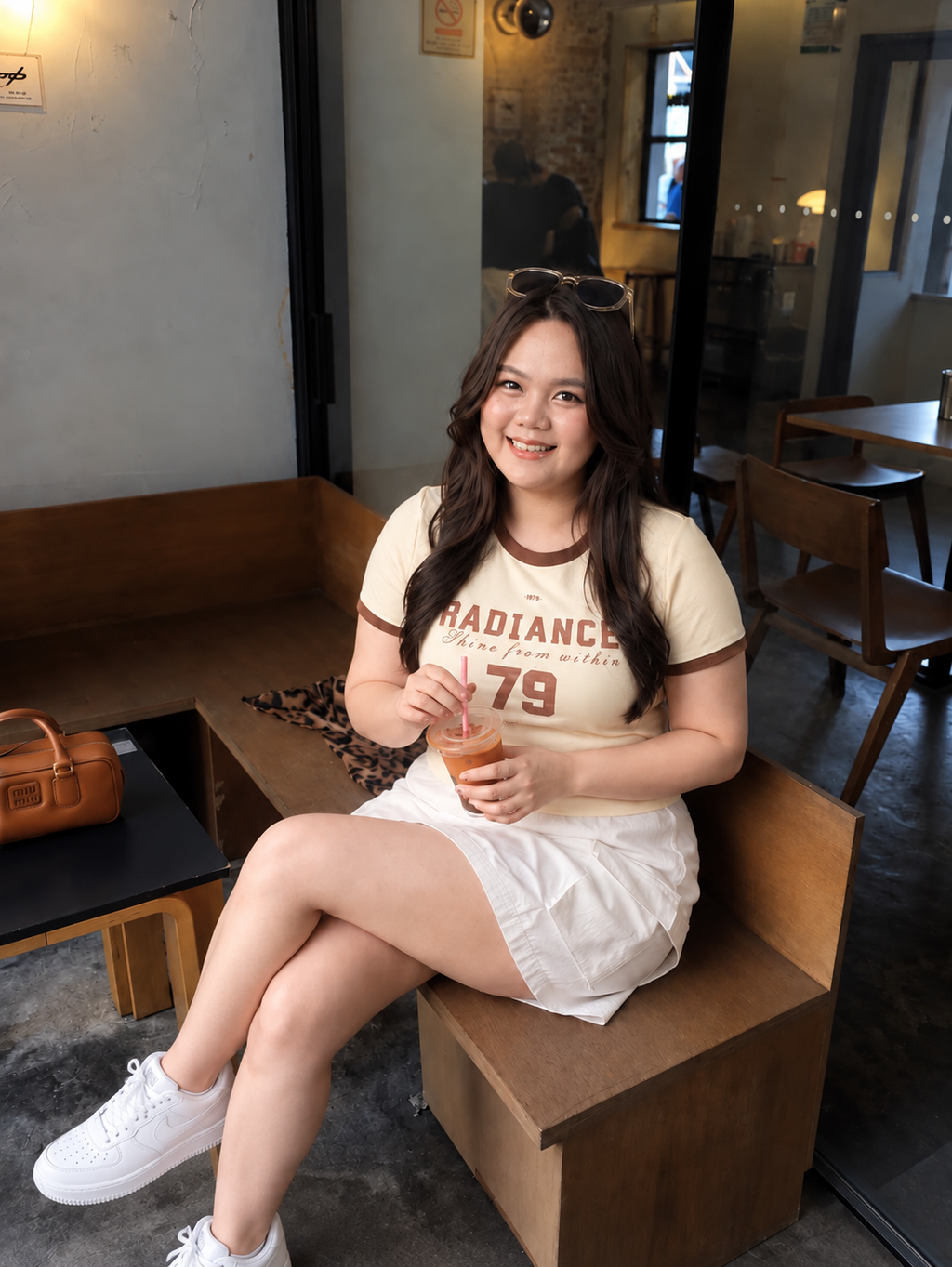 Warm Café Portrait with White Sneakers