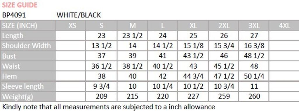 BP4091 size chart