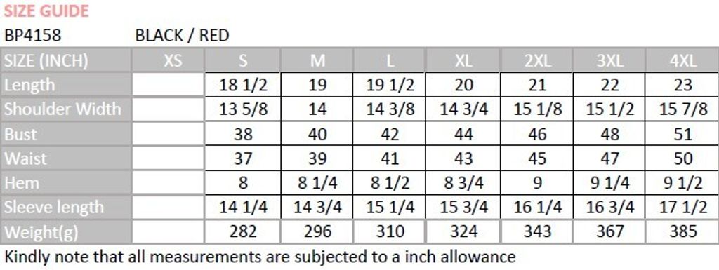 BP4158 size chart