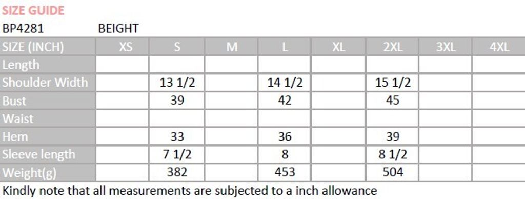 BP4281 size chart