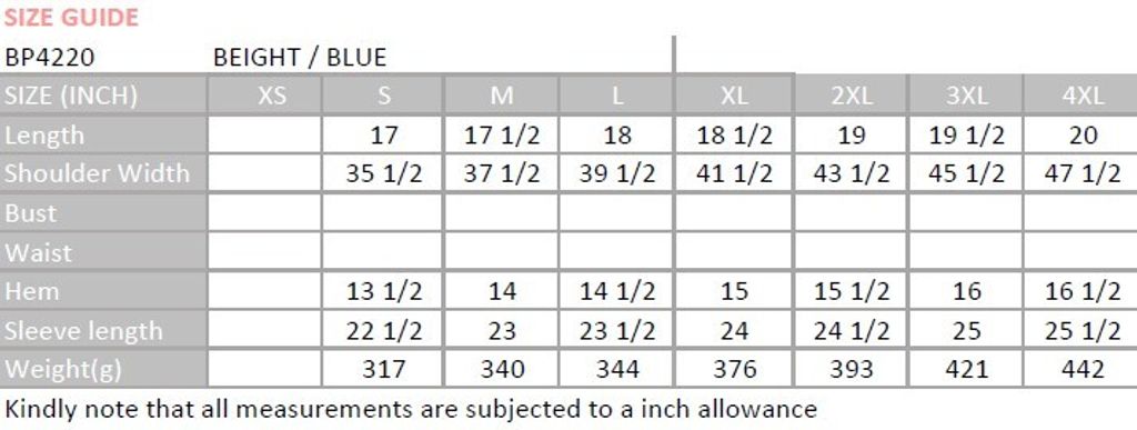BP4220 size chart