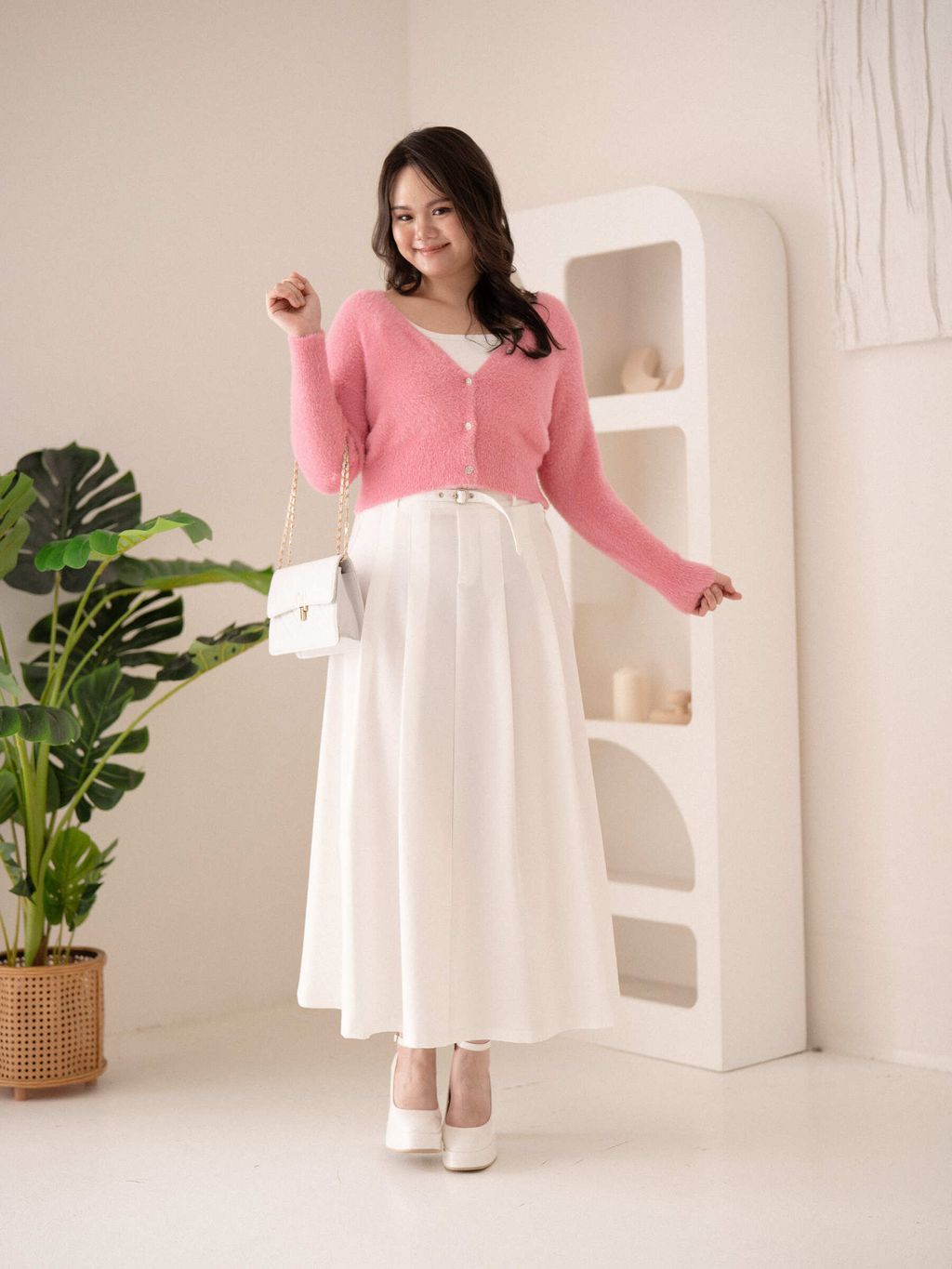 Front view of plus-size Velvet Petal Cardigan draping over curves effortlessly