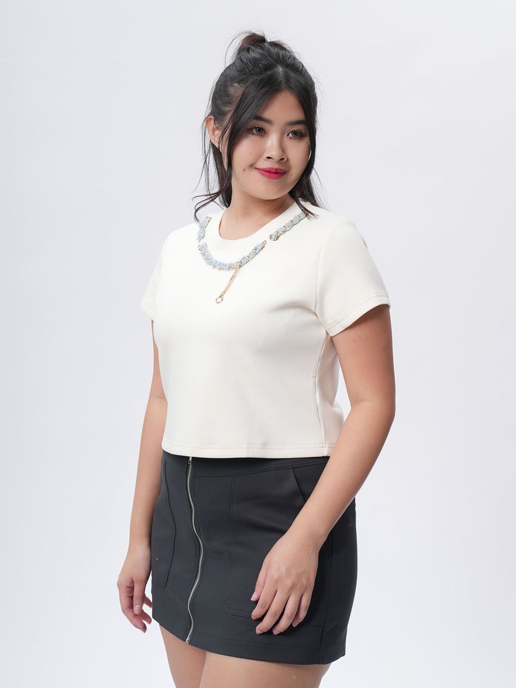 Cream white scuba top with floral texture neckline and soft structured fit