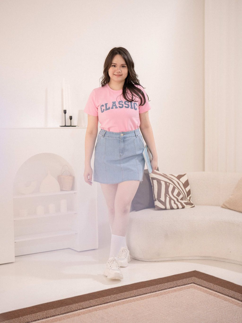 Pink Classic T-shirt with teddy-textured lettering for curvy women.