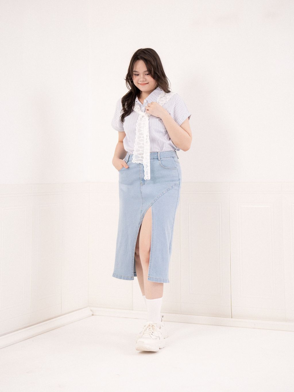 Casual French-style outfit with Lace Sailor Stripe Shirt and denim skirt, styled for plus-size chic.