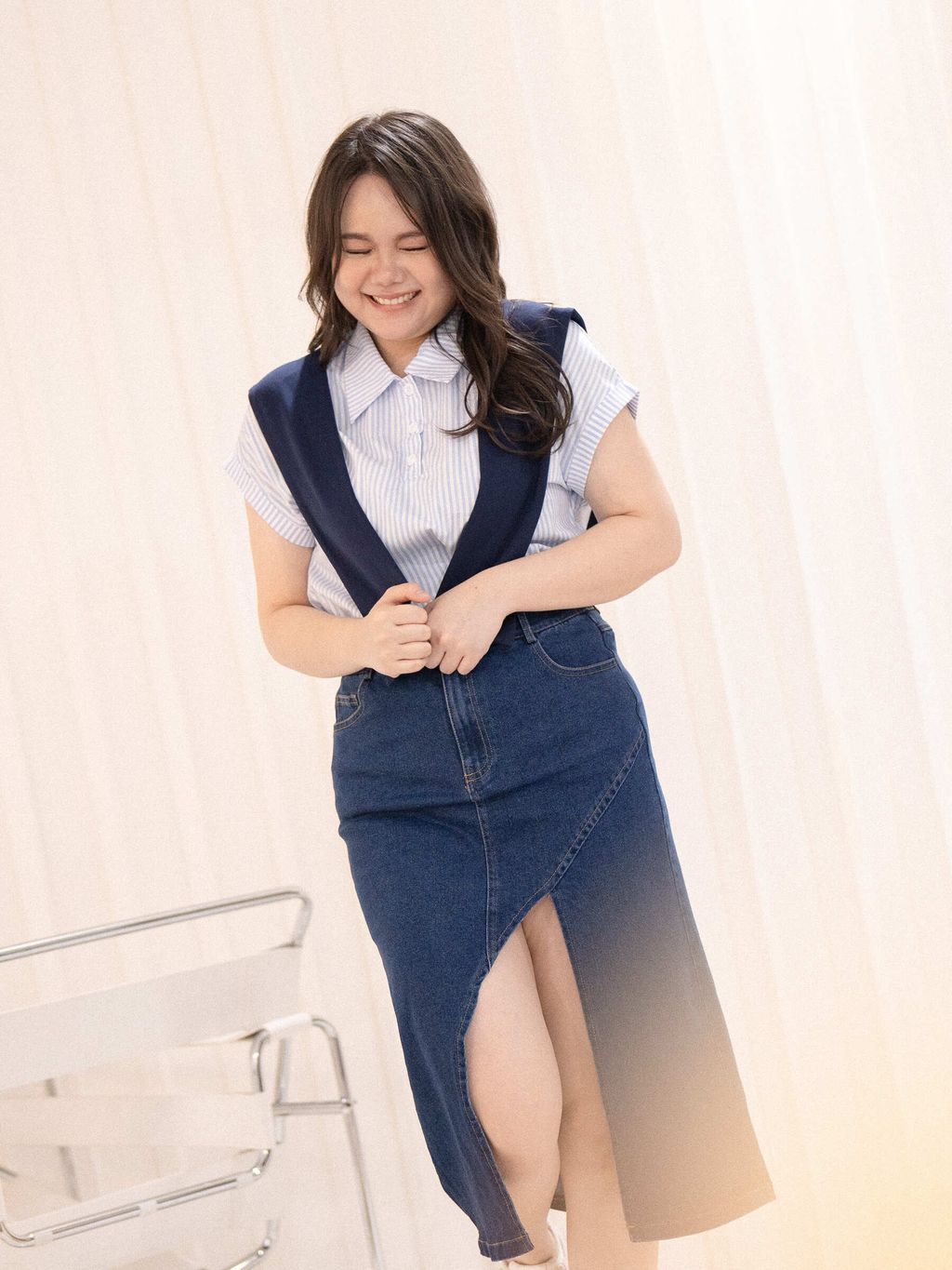 Fresh and preppy outfit featuring short-sleeve striped blouse