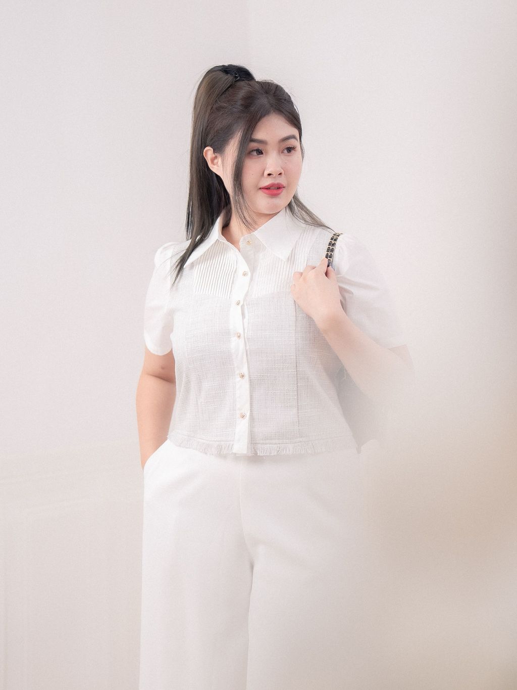 Plus-size textured blouse with puff sleeves and shirt collar.