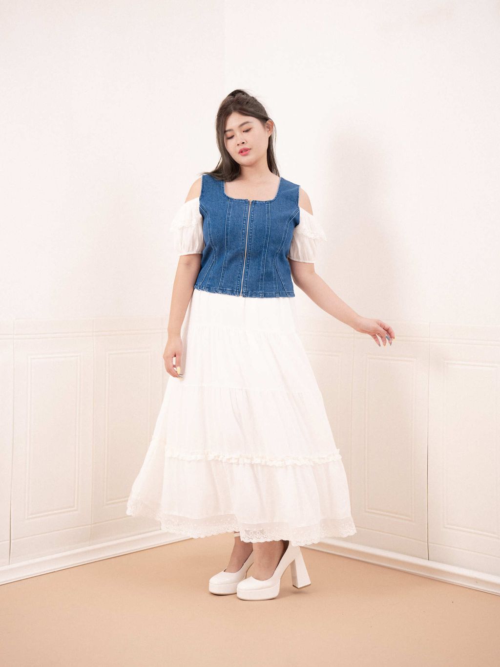 Casual chic denim layering piece for plus-size women