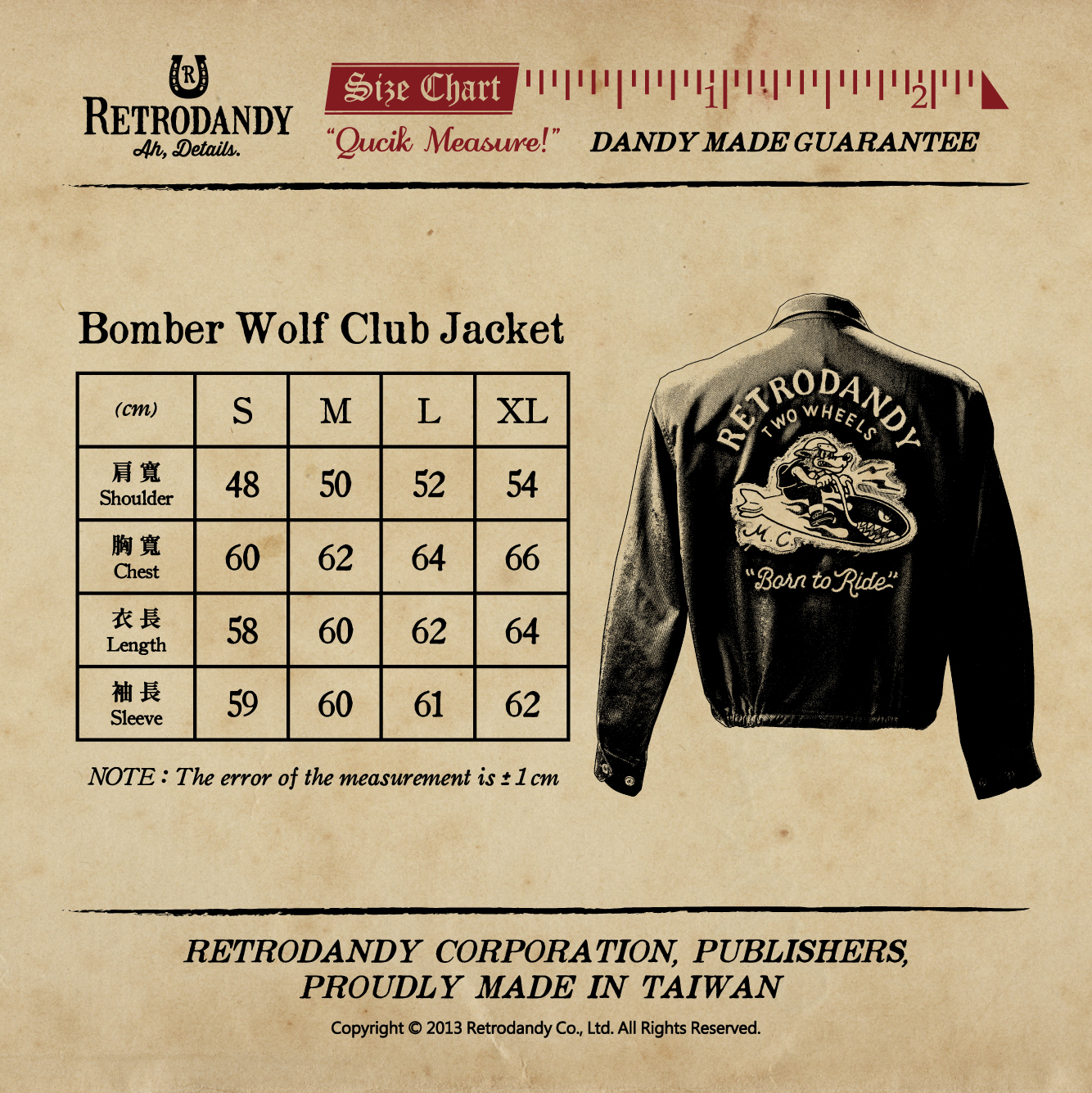 Bomber Wolf Club Jacket-Size Chart