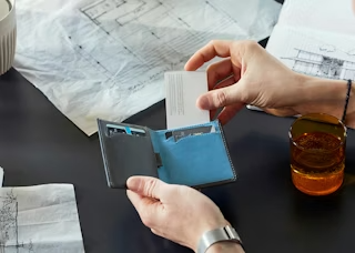 Men's wallet with RFID, bill compartment, and separate rear slot for clean business cards