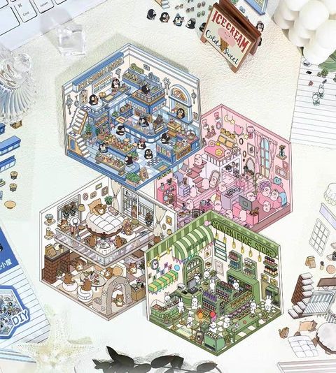 3D立体视觉叠堆造景贴纸解压2.0微缩场景DIY手工小屋手帐素材玩具14