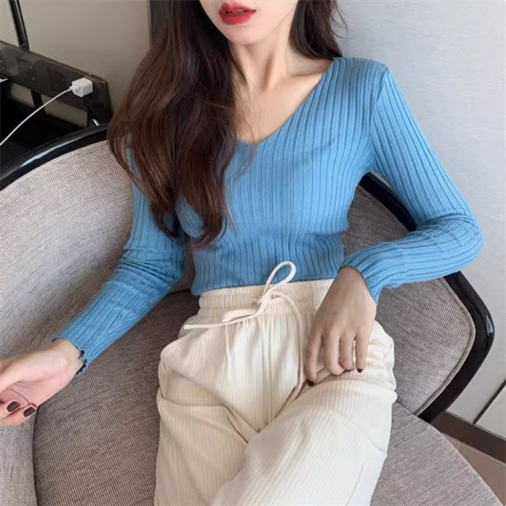 M09-10791秋冬純色坑條V領長袖針織衫3