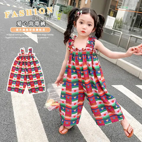 MBB16069夏季童裝愛心彩格吊帶連身褲1