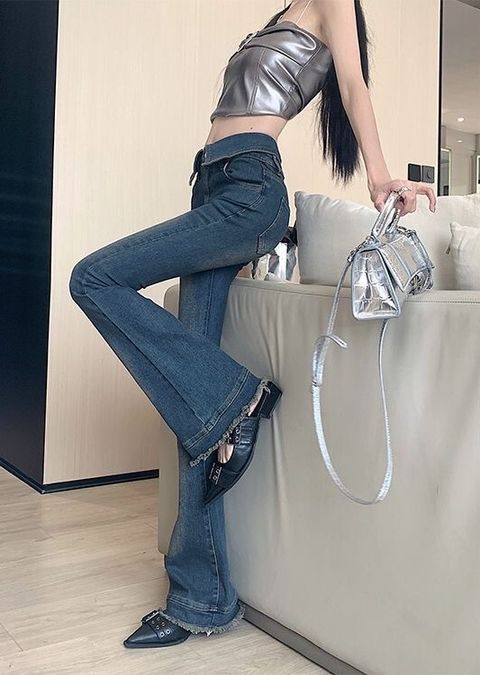 MCK01726韓系復古翻邊微喇叭牛仔褲2