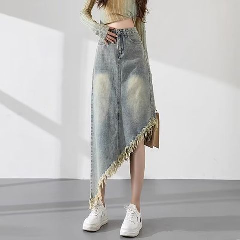 MCL05398 韓系不規則流蘇高腰牛仔半身裙1