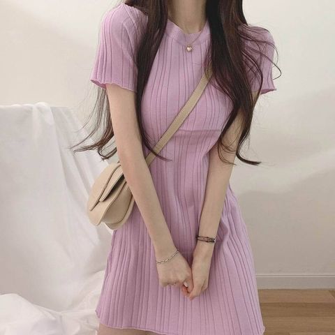 M21-2559 夏季純色坑條圓領針織連身裙2