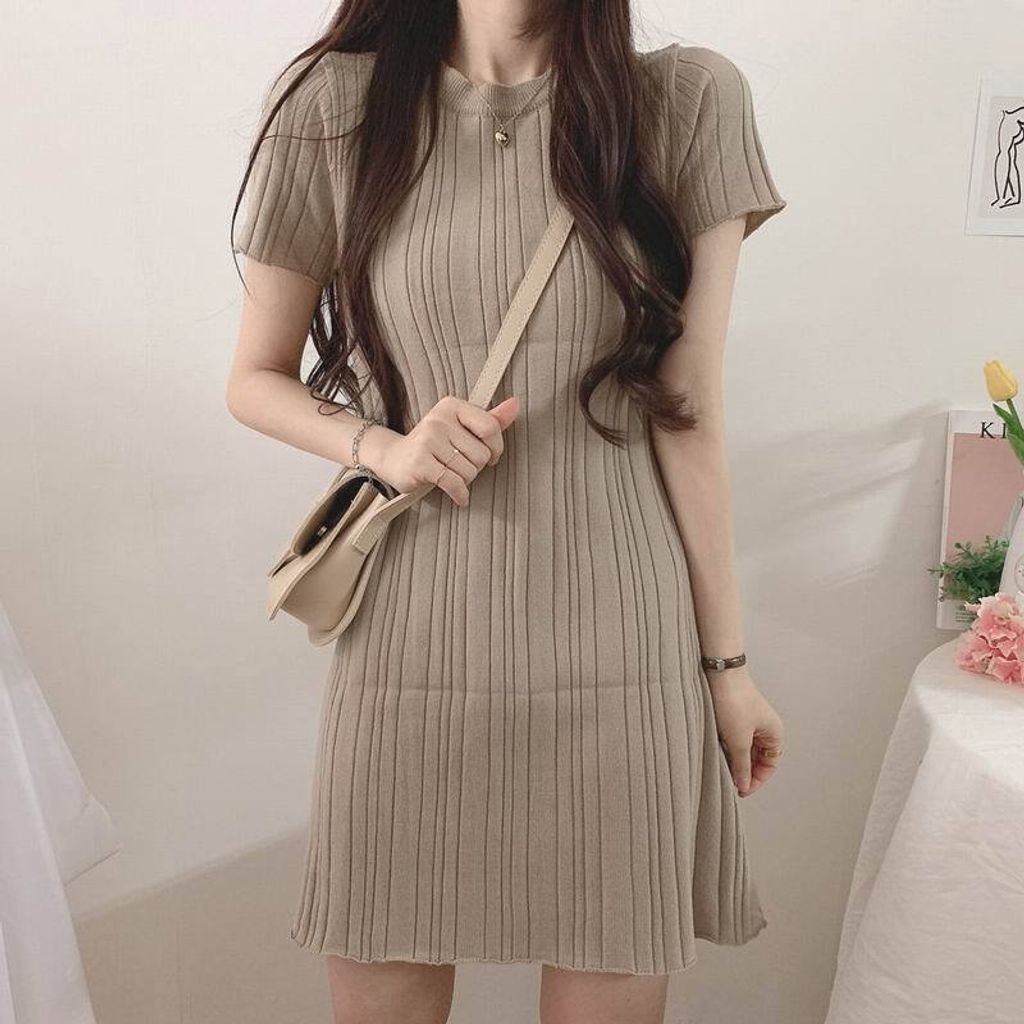 M21-2559 夏季純色坑條圓領針織連身裙4