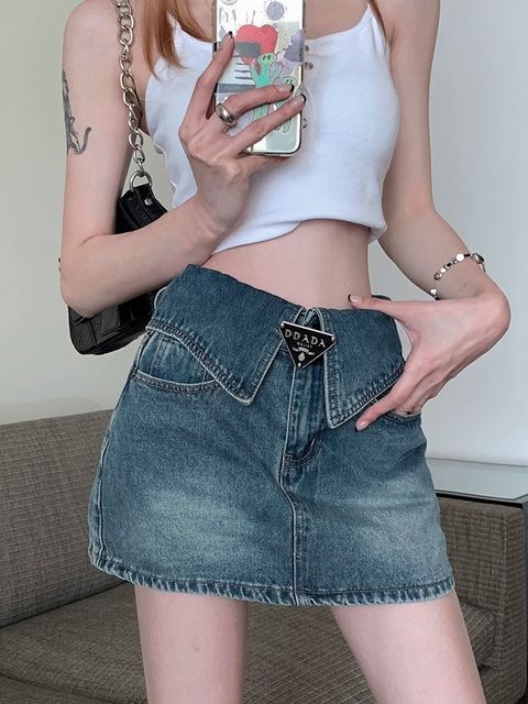 MCK8152夏季高腰防走光翻邊牛仔短裙2