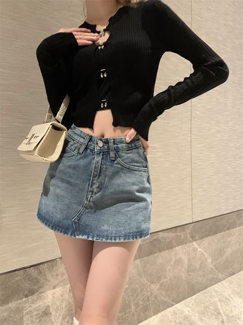 MCK8142夏季高腰開叉牛仔半身裙褲2