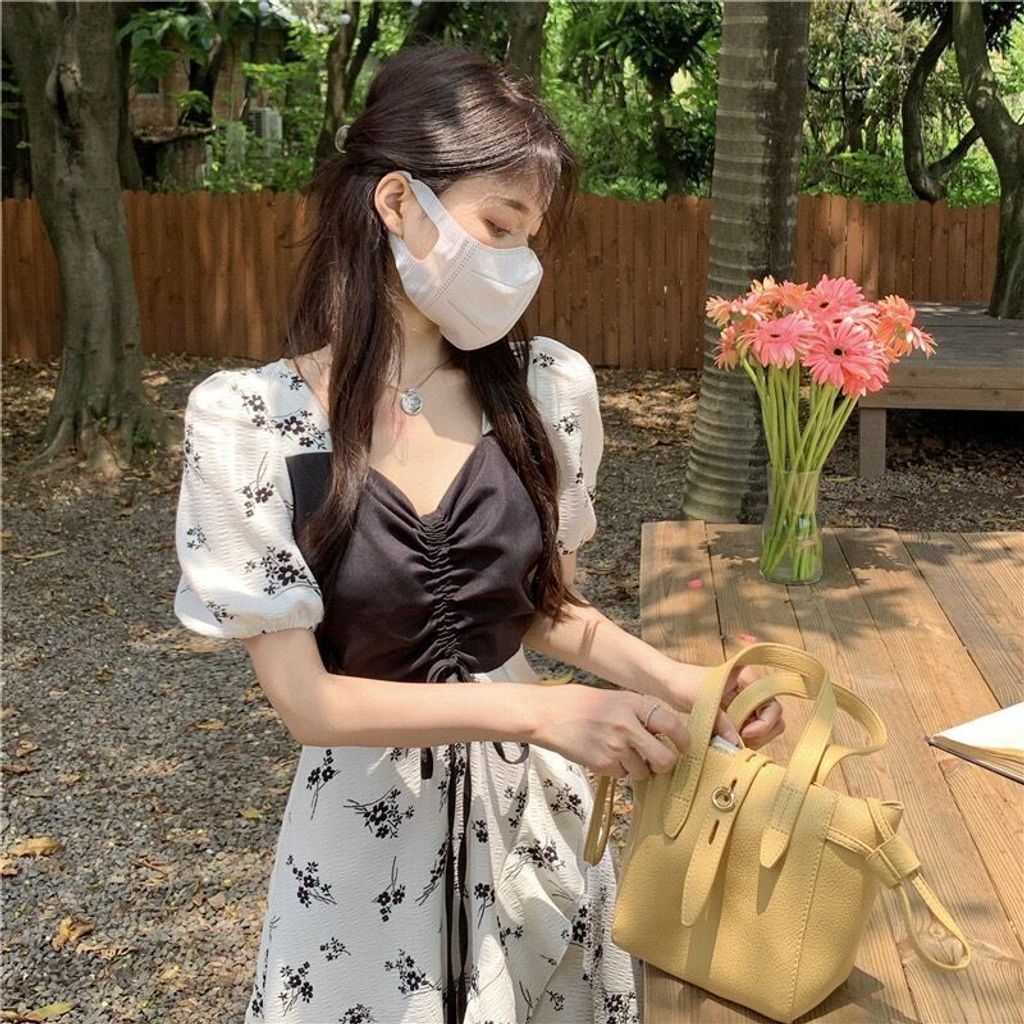 MCJY396夏季甜美碎花顯瘦方領拼接連衣裙3