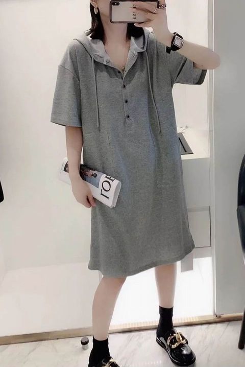 MCJ0613胖MM大碼連帽排扣短袖連衣裙2