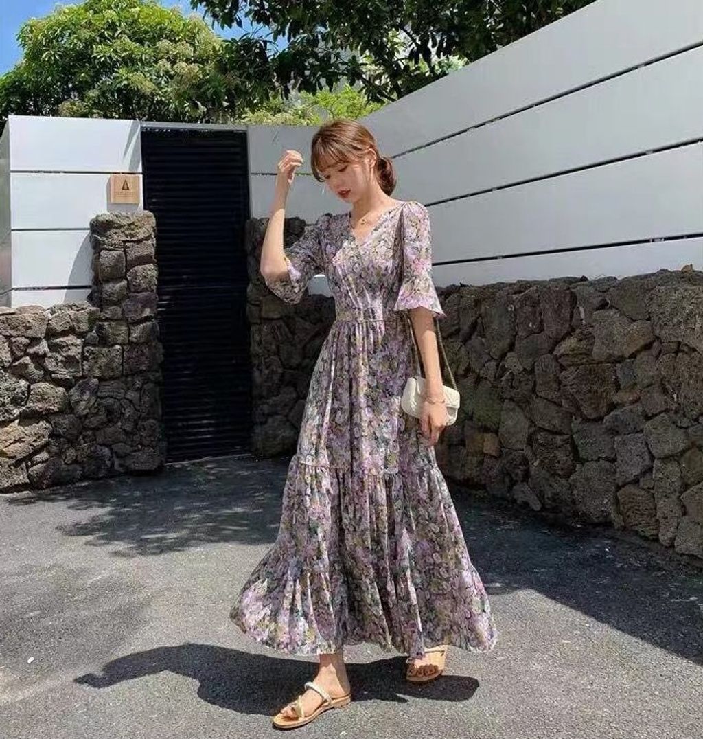 MCJ0M7夏季碎花雪紡短袖連衣裙5