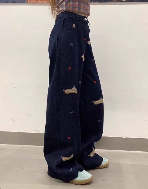M12-8829韓系臘腸狗刺繡闊腿牛仔褲2