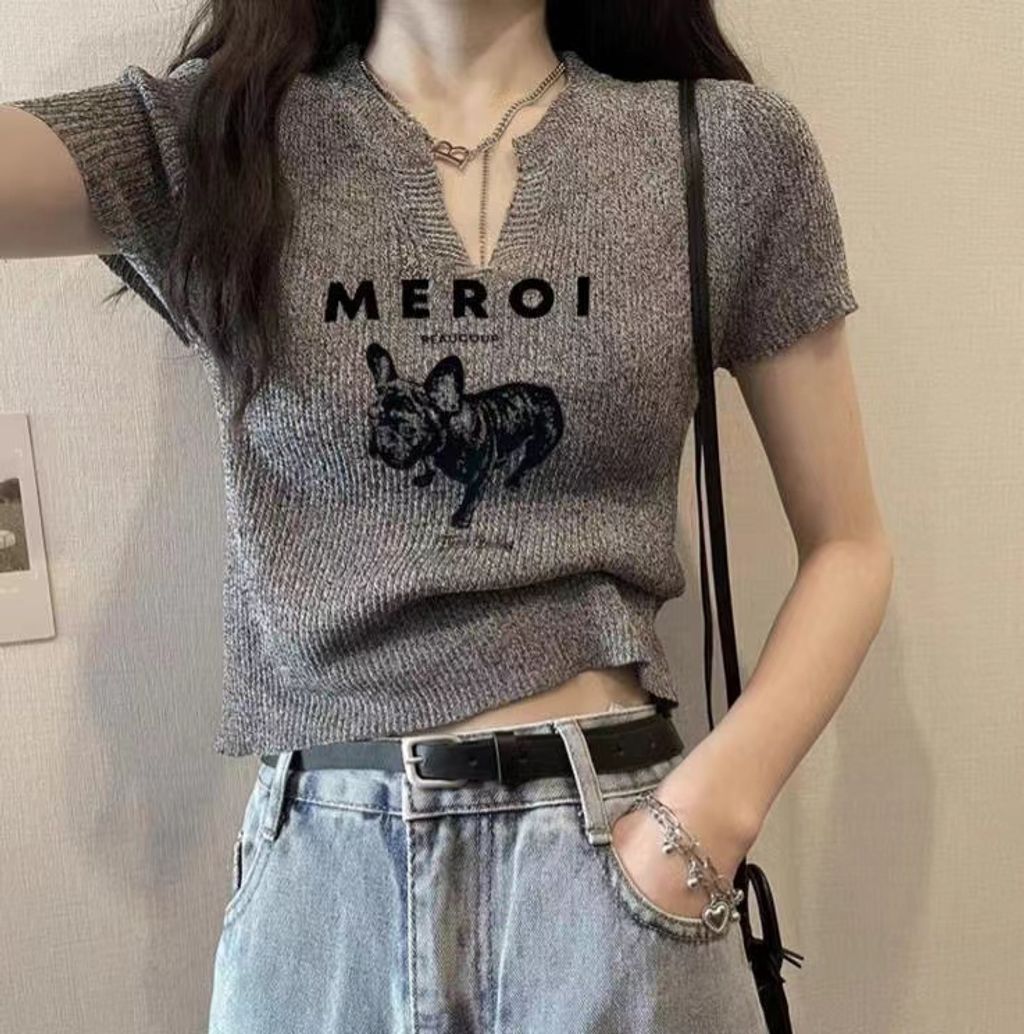 M00-F6929夏季印花小V領短袖針織衫1
