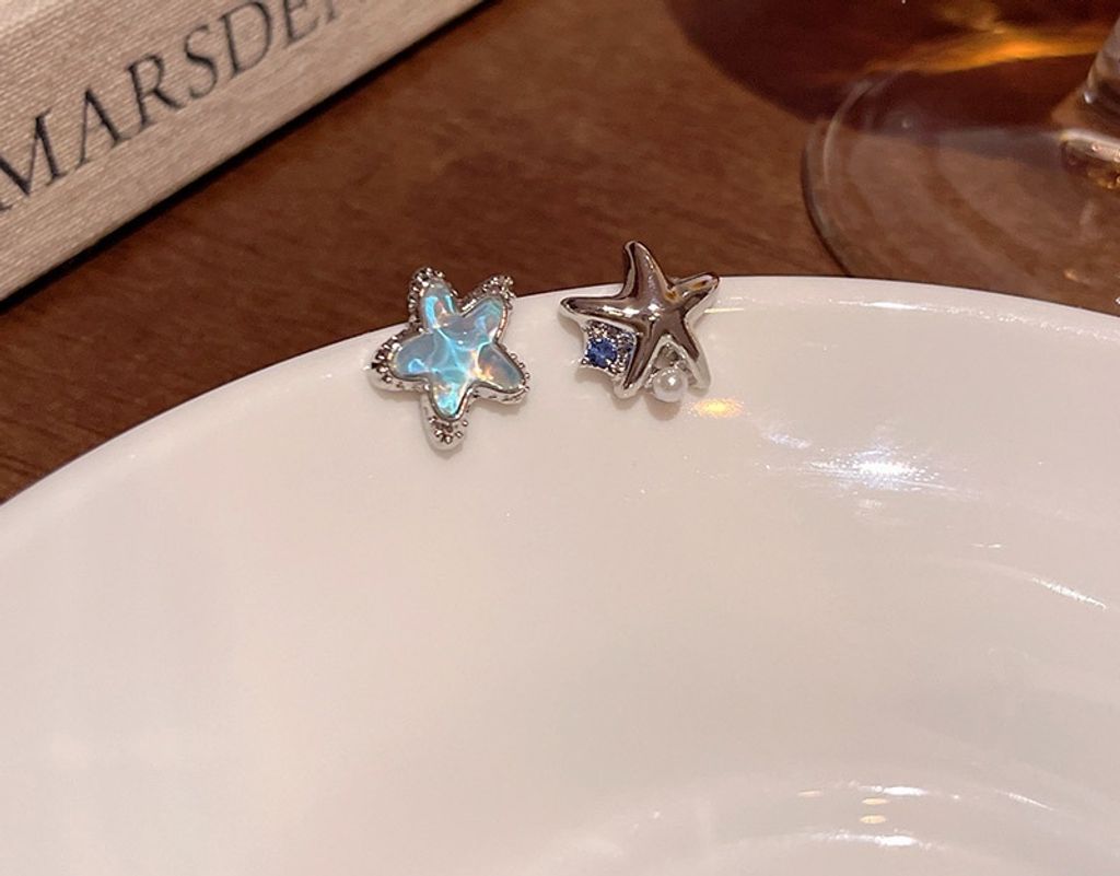 M35-85872韓系氣質五角星鑲鑽珍珠925銀針耳環1