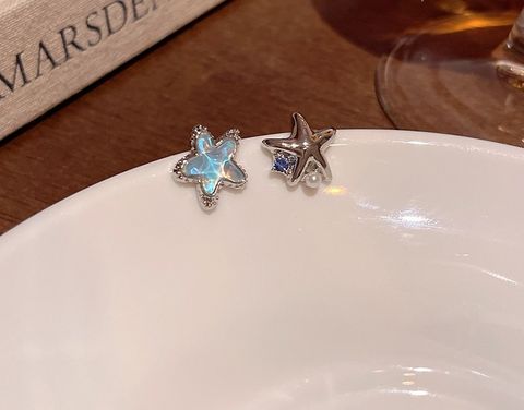 M35-85872韓系氣質五角星鑲鑽珍珠925銀針耳環1