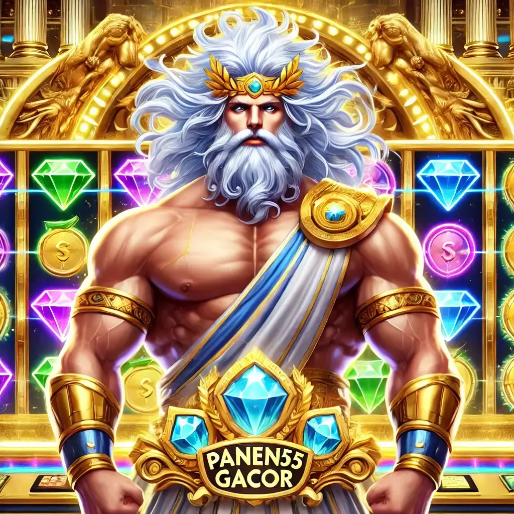 DALL·E 2025-02-03 21.03.44 - A digital illustration of a powerful Greek god, similar to Zeus, standing in front of a luxurious golden slot machine with colorful gemstones. The god