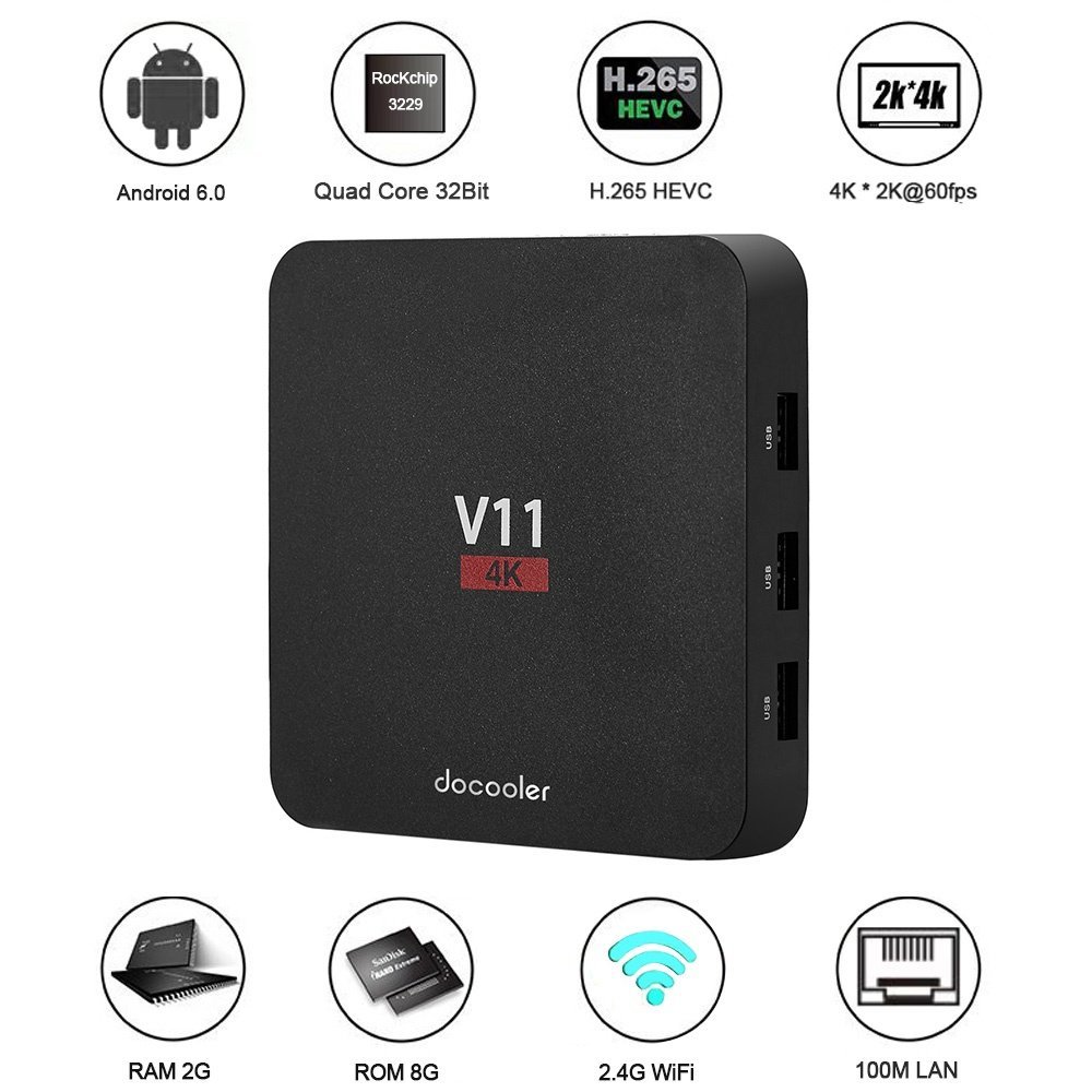 Docooler V11 Android 6.0 TV Box 2G//8G H.265 HD 4K RK3229 Quad Core WiFi 3D Media
