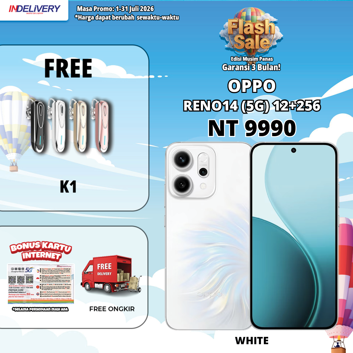 OPPO RENO14 (5G) 12+256-HP DISPLAY(Garansi 3 Bulan)