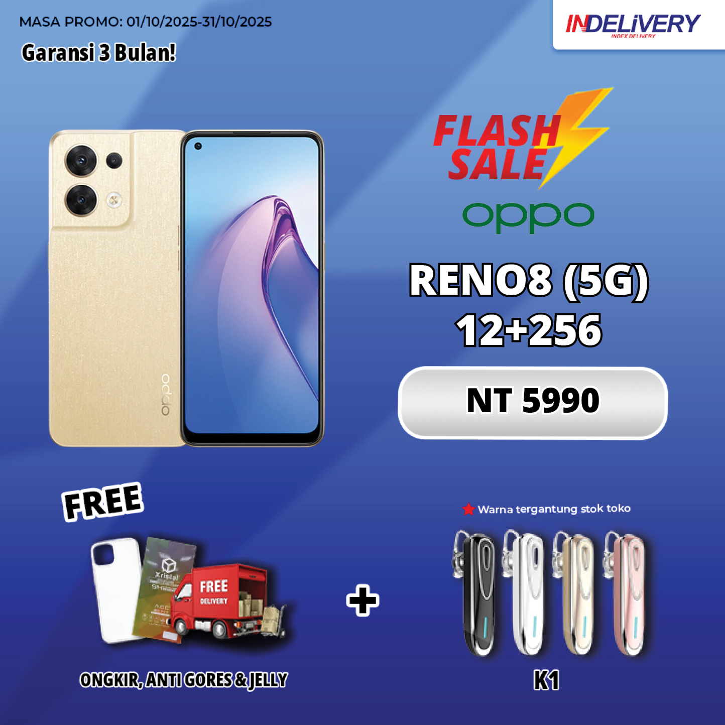 OPPO RENO8 (5G) 12+256-HP DISPLAY(Garansi 3 Bulan)