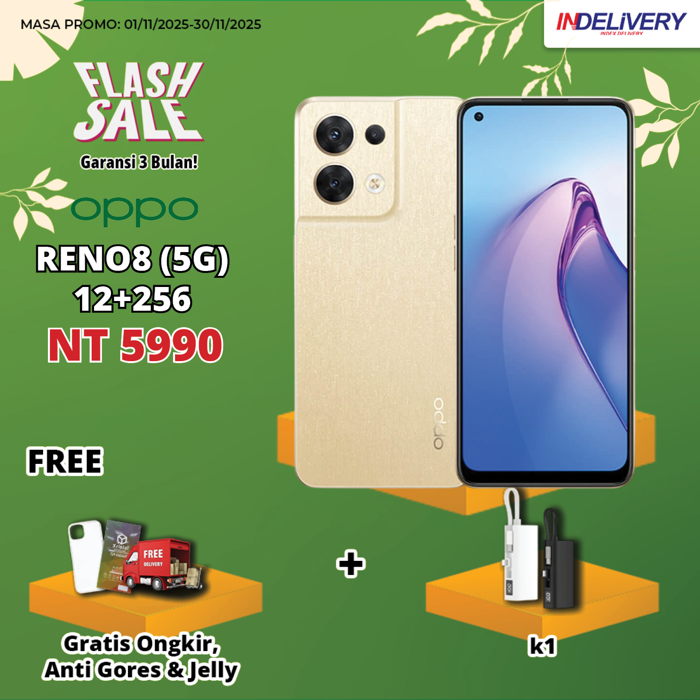 OPPO RENO8 (5G) 12+256-HP DISPLAY(Garansi 3 Bulan)