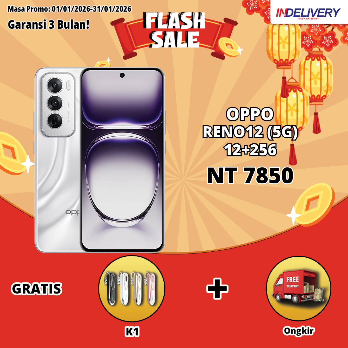 OPPO RENO12 (5G) 12+256-HP DISPLAY(Garansi 3 Bulan)