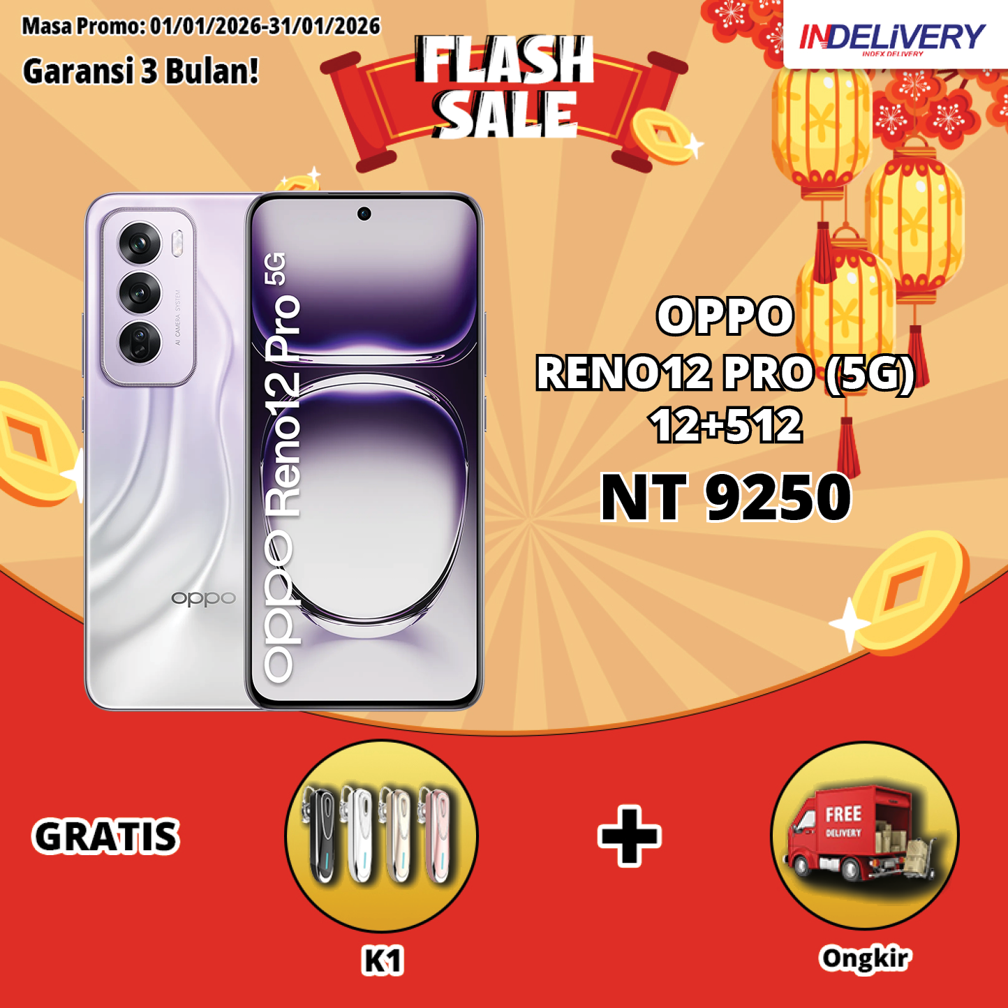 OPPO RENO12 PRO (5G) 12+512-HP DISPLAY(Garansi 3 Bulan)
