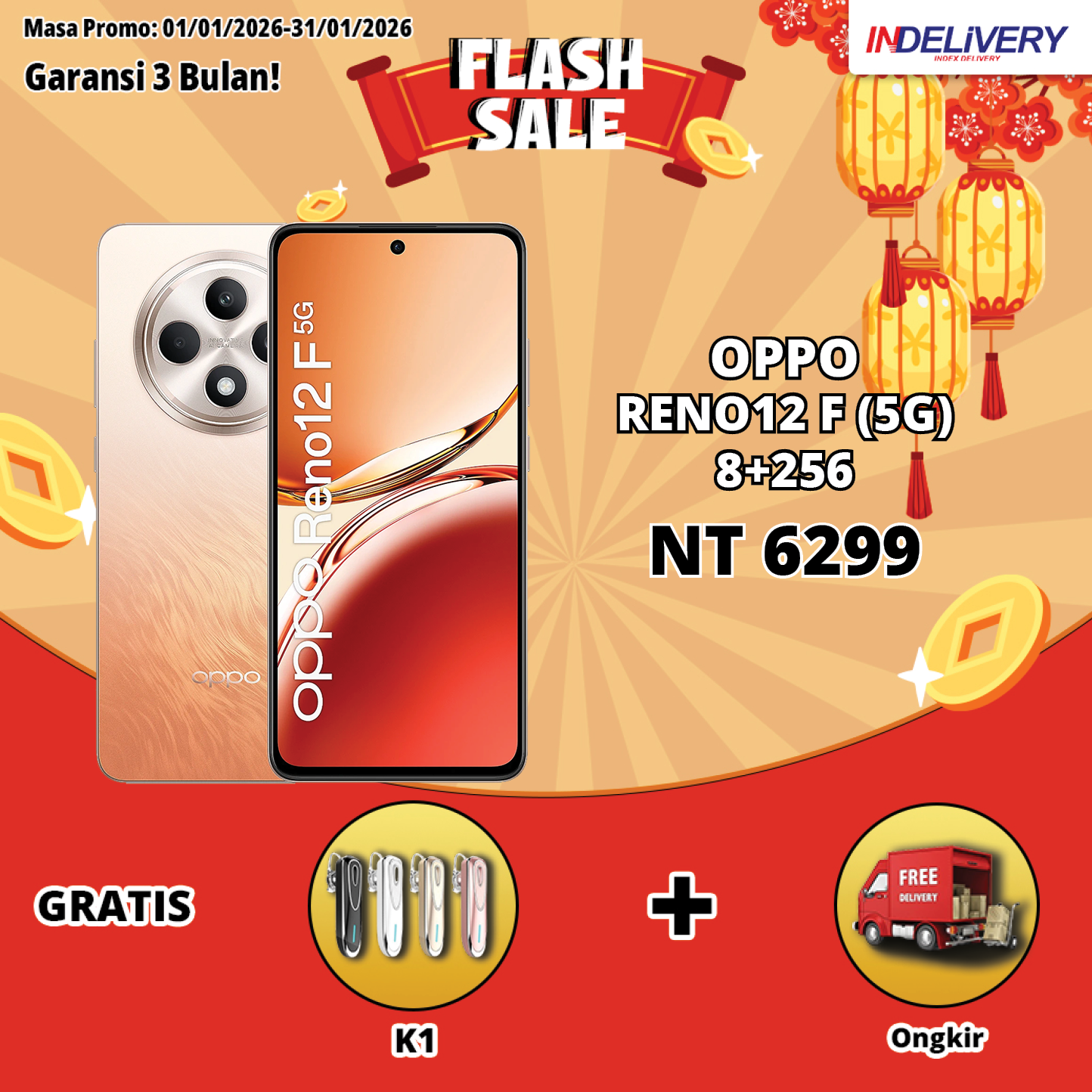OPPO RENO12 F (5G) 8+256-HP DISPLAY(Garansi 3 Bulan)